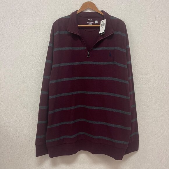NWT Polo Ralph Lauren Men's Luxury Jersey Striped 1/4-Zip Pullover Burgundy XXL - Picture 2 of 8